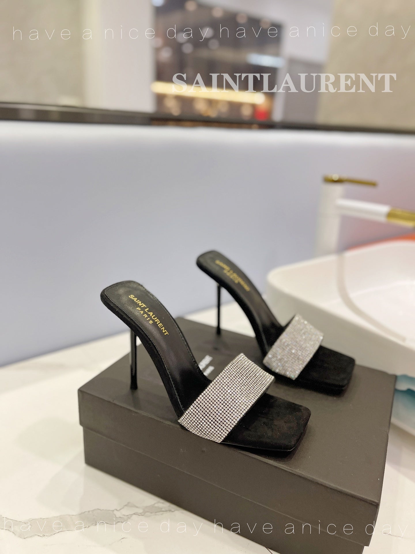 SL LUCKY WHITE CRYSTAL HIGH HEELS BLACK CALFSKIN - 34