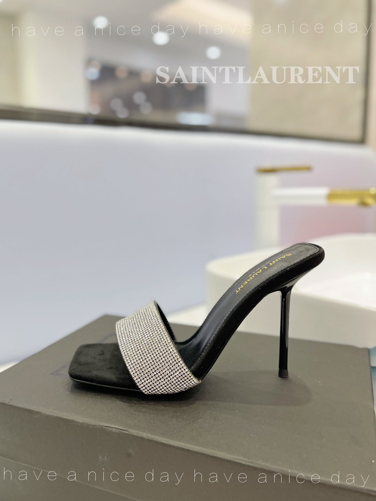 SL LUCKY WHITE CRYSTAL HIGH HEELS BLACK CALFSKIN - 34