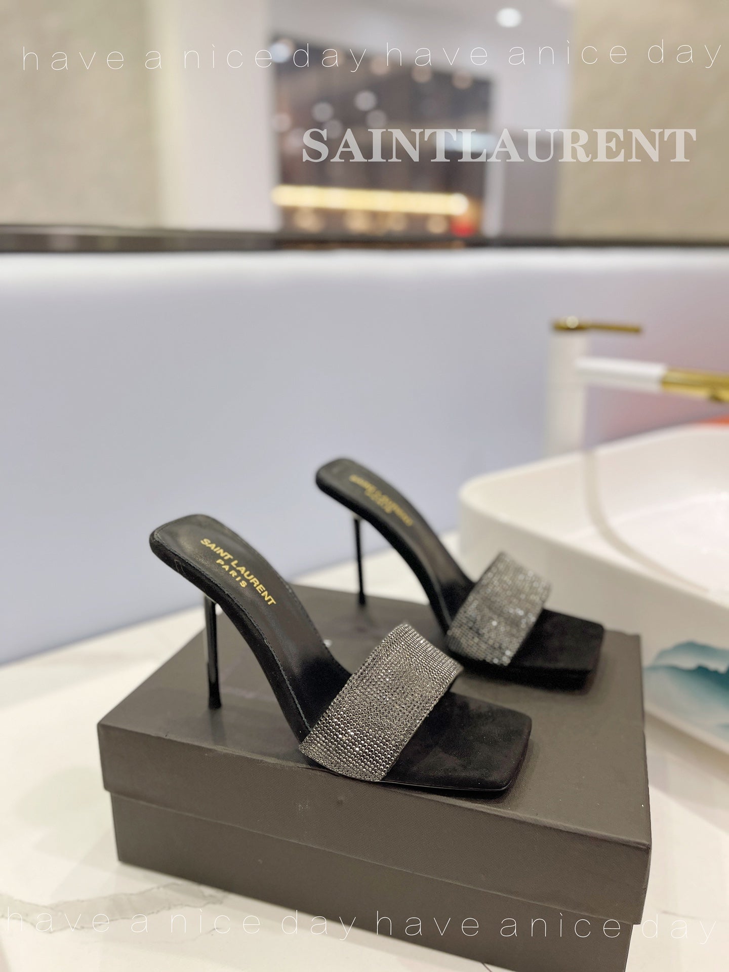 SL LUCKY CRYSTAL HIGH HEELS BLACK CALFSKIN - 34