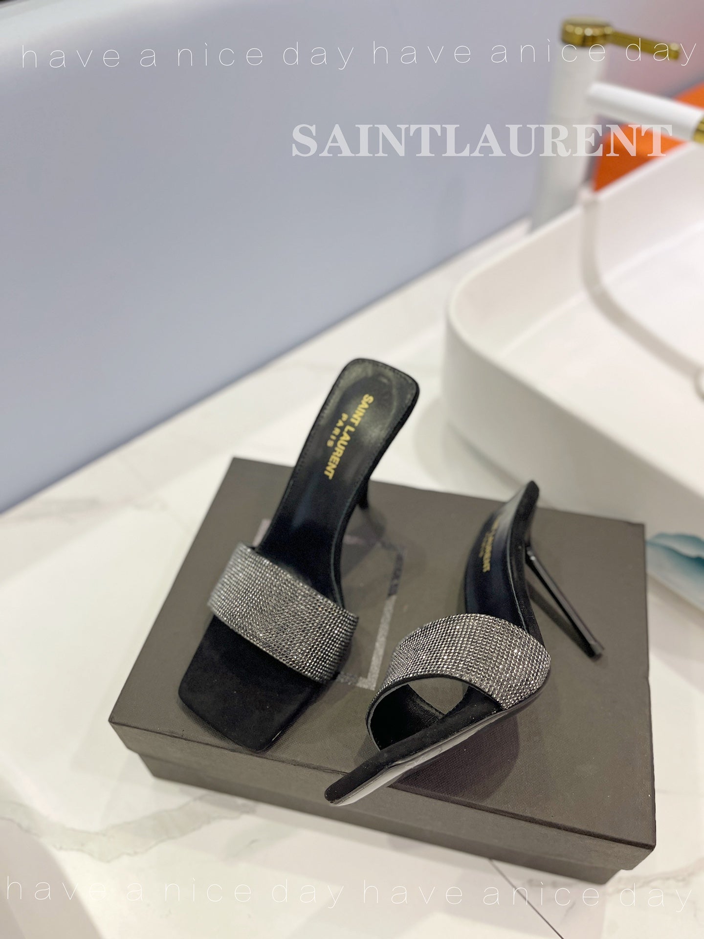 SL LUCKY CRYSTAL HIGH HEELS BLACK CALFSKIN - 34