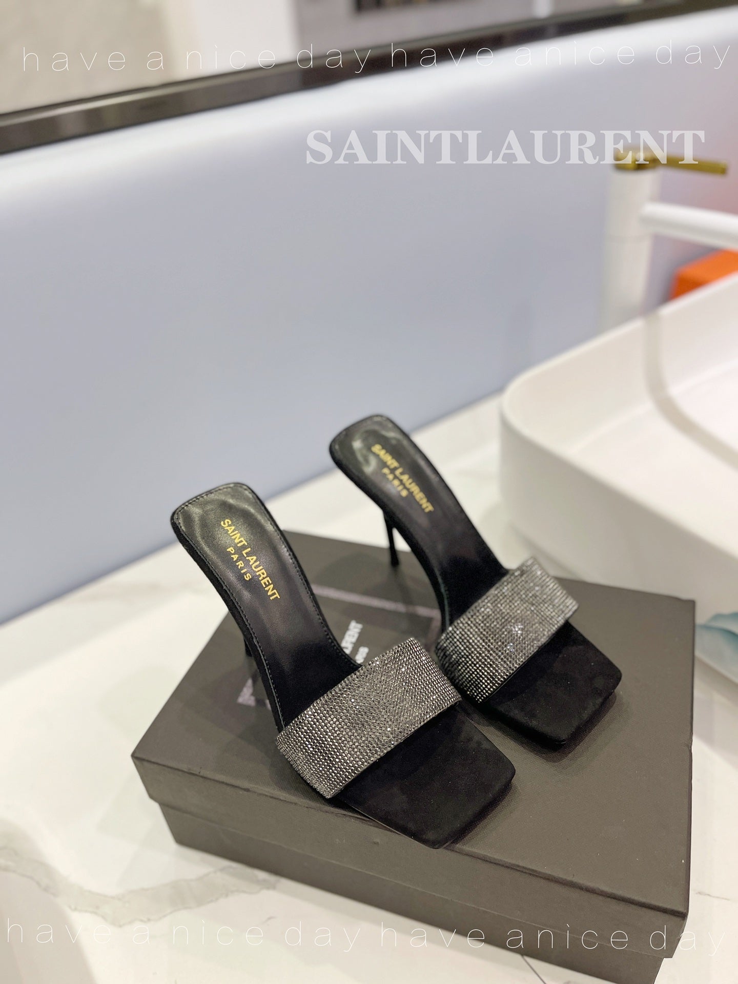 SL LUCKY CRYSTAL HIGH HEELS BLACK CALFSKIN - 34