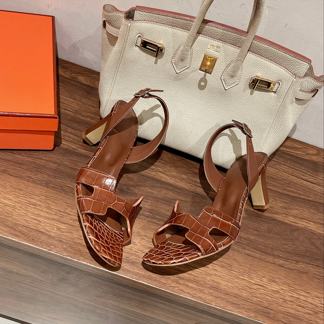 SLINGBACK ETERNITE 75 BROWN LAMBSKIN AND CROCODILE LEATHER - 35