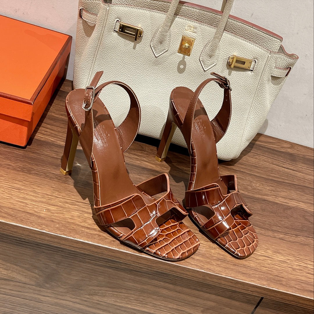SLINGBACK ETERNITE 105 BROWN LAMBSKIN AND CROCODILE LEATHER - 35