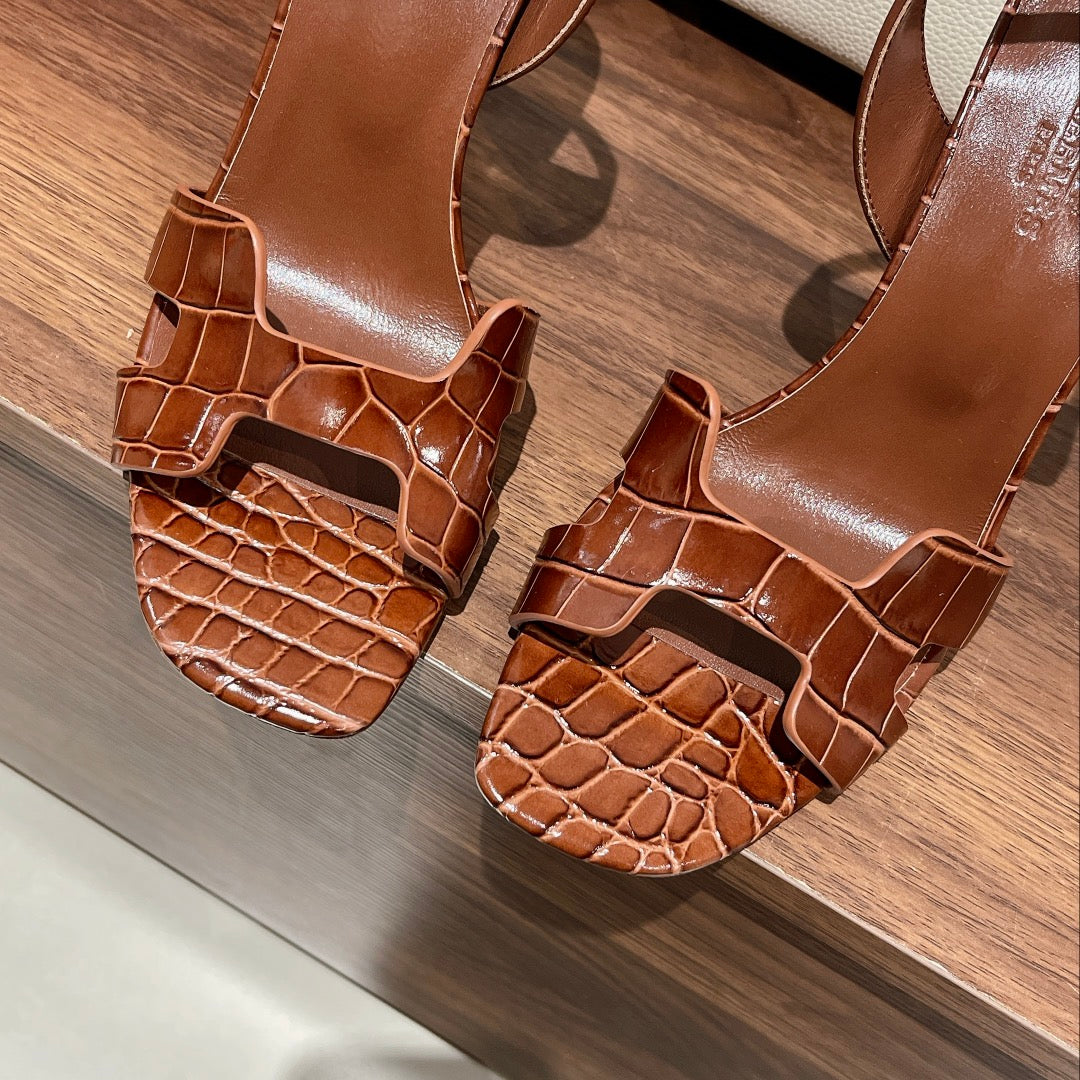 SLINGBACK ETERNITE 105 BROWN LAMBSKIN AND CROCODILE LEATHER - 35
