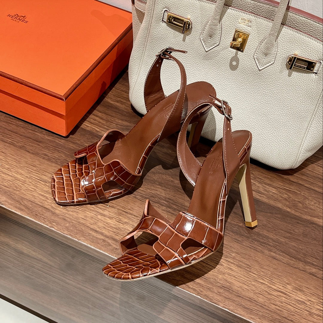 SLINGBACK ETERNITE 105 BROWN LAMBSKIN AND CROCODILE LEATHER - 35
