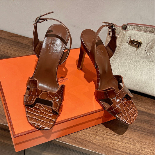 SLINGBACK ETERNITE 105 BROWN LAMBSKIN AND CROCODILE LEATHER - 35