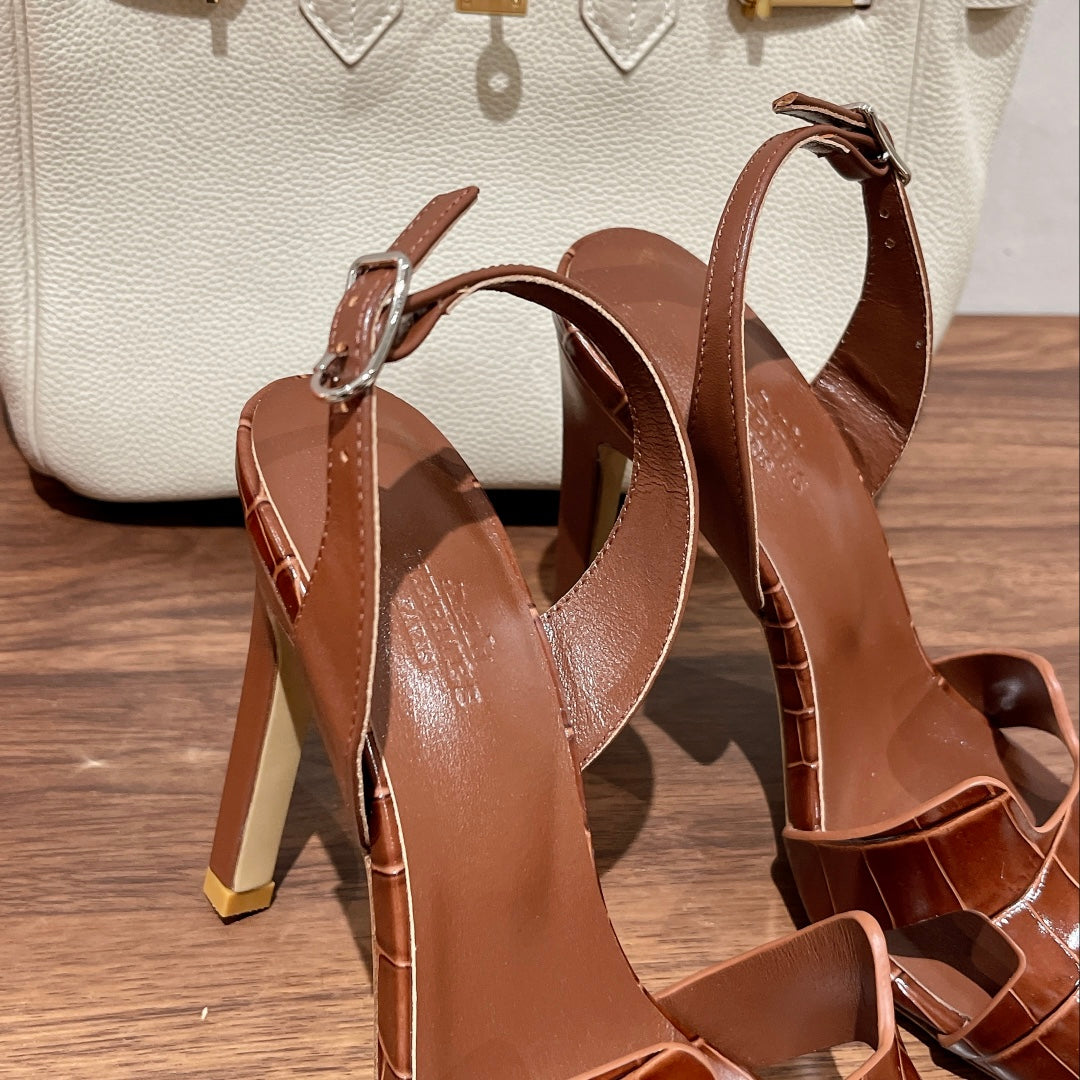 SLINGBACK ETERNITE 105 BROWN LAMBSKIN AND CROCODILE LEATHER - 35