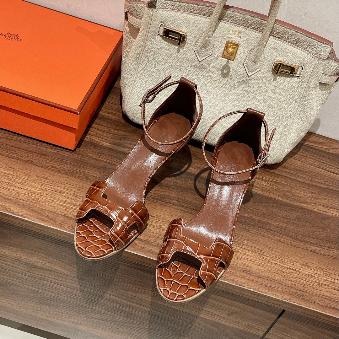 PREMIERE 70 SANDAL IN BRONZE BROWN CROCODILE LEATHER - 35
