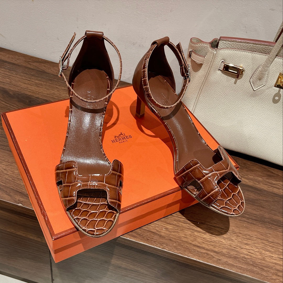 PREMIERE 70 SANDAL IN BRONZE BROWN CROCODILE LEATHER - 35