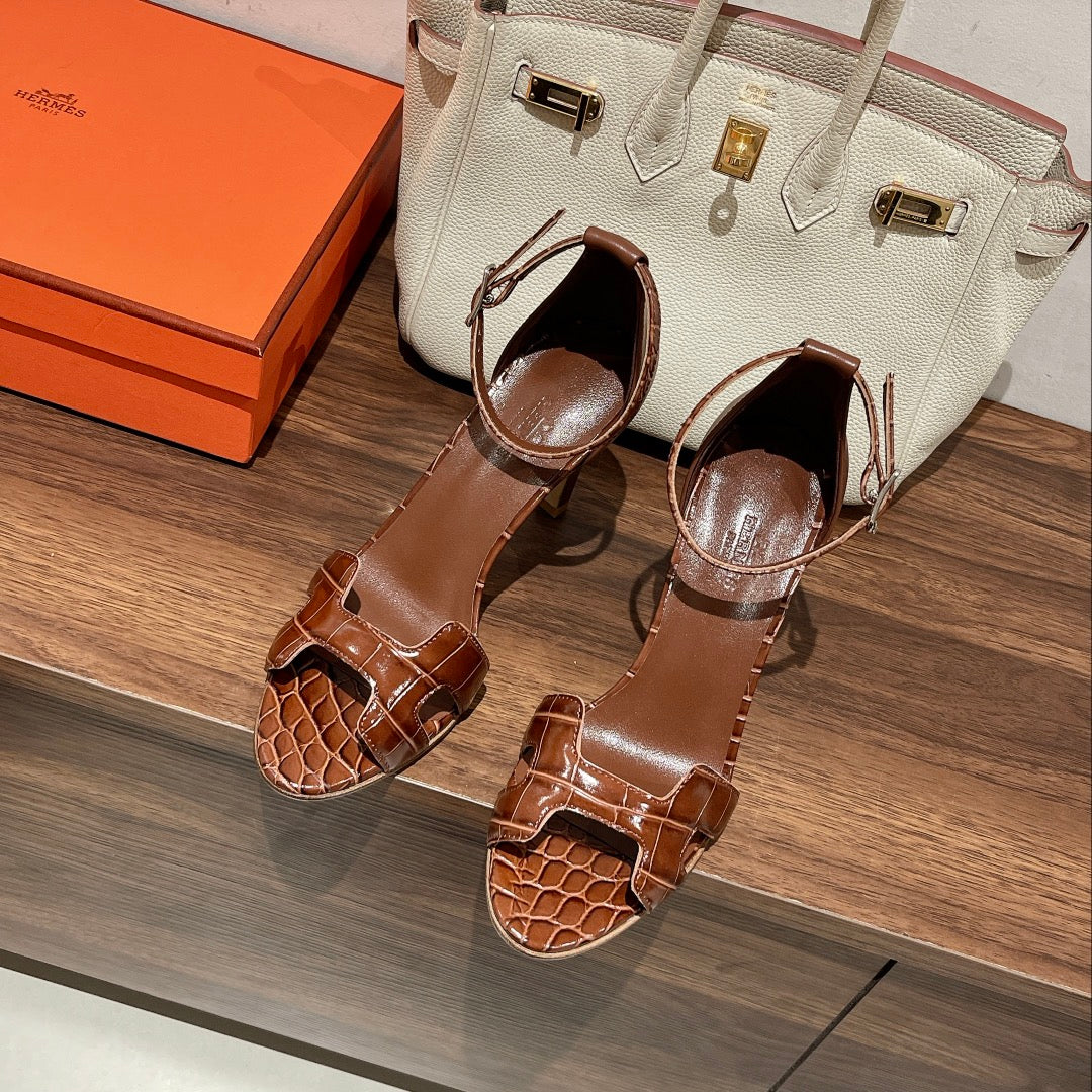 PREMIERE 105 SANDAL IN BRONZE BROWN CROCODILE LEATHER - 35