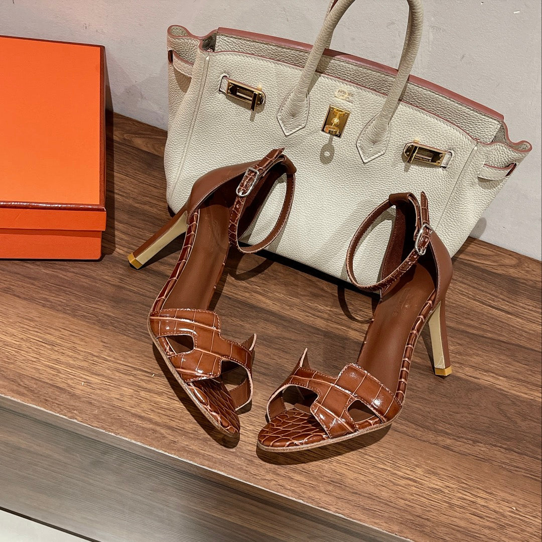 PREMIERE 105 SANDAL IN BRONZE BROWN CROCODILE LEATHER - 35