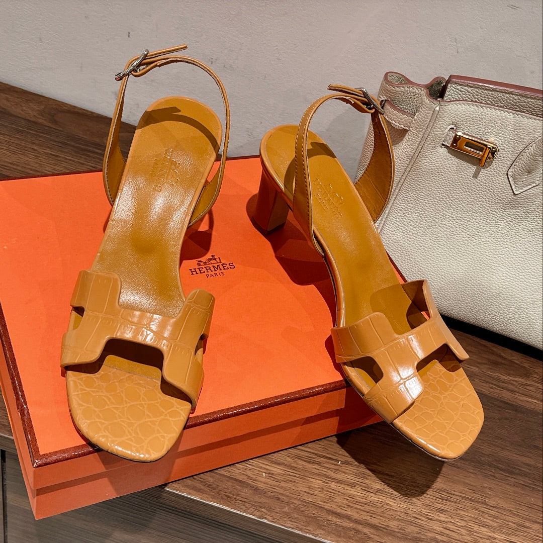SLINGBACK ETERNITE 75 CARAMEL LAMBSKIN AND CROCODILE LEATHER - 35
