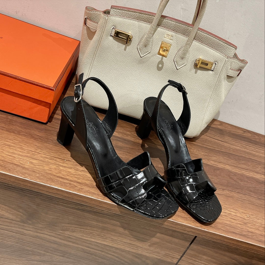 SLINGBACK ETERNITE 75 BLACK LAMBSKIN AND CROCODILE LEATHER - 35