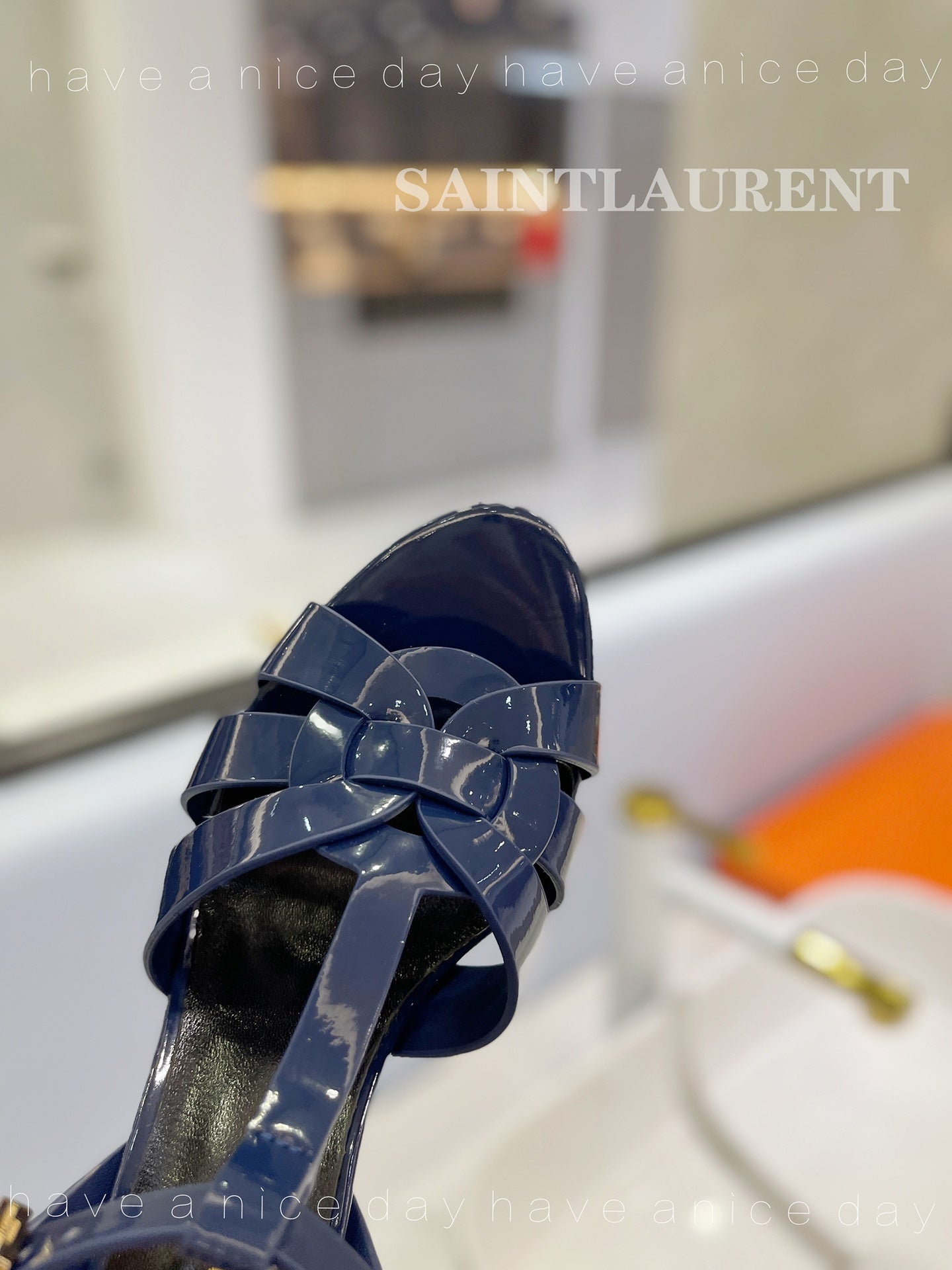 SL TRIBUTE POINED TOE SANDALS GLOSSY NAVY CALFSKIN - 34