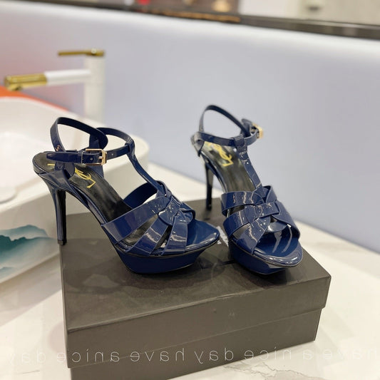 SL TRIBUTE POINED TOE SANDALS GLOSSY NAVY CALFSKIN - 34