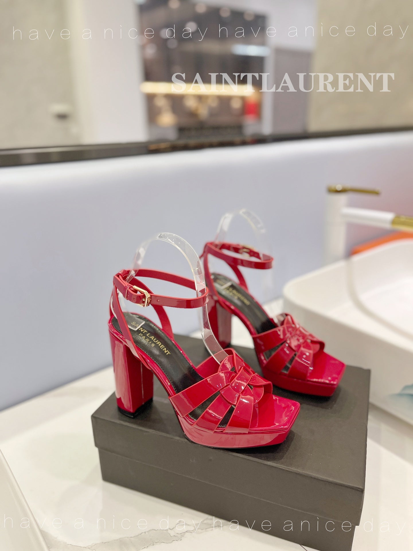 SL TRIBUTE FLATFORM SANDALS GLOSSY RED CALFSKIN - 34