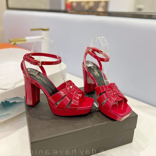 SL TRIBUTE FLATFORM SANDALS GLOSSY RED CALFSKIN - 34