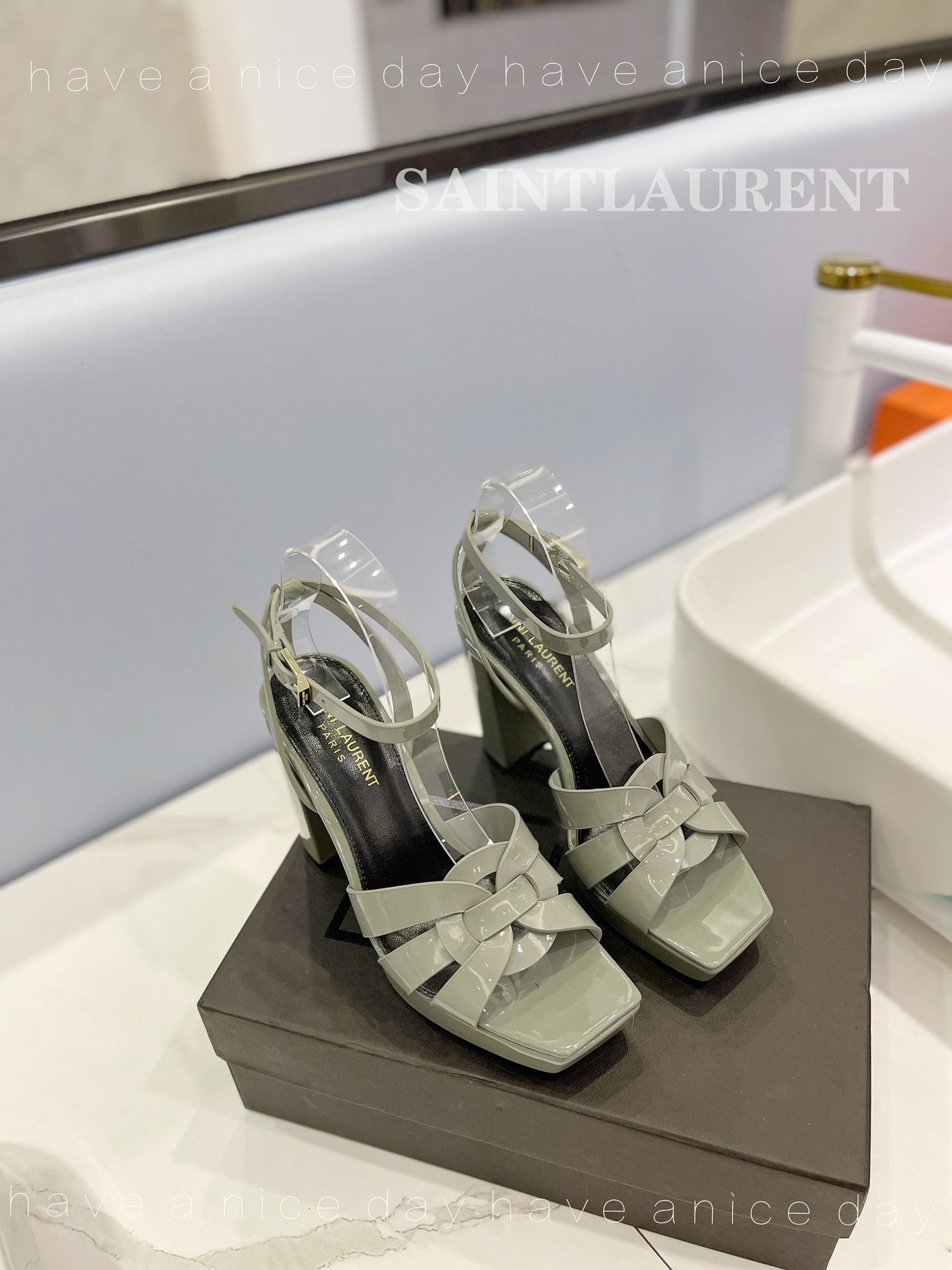 SL TRIBUTE FLATFORM SANDALS GLOSSY SAGE CALFSKIN - 34