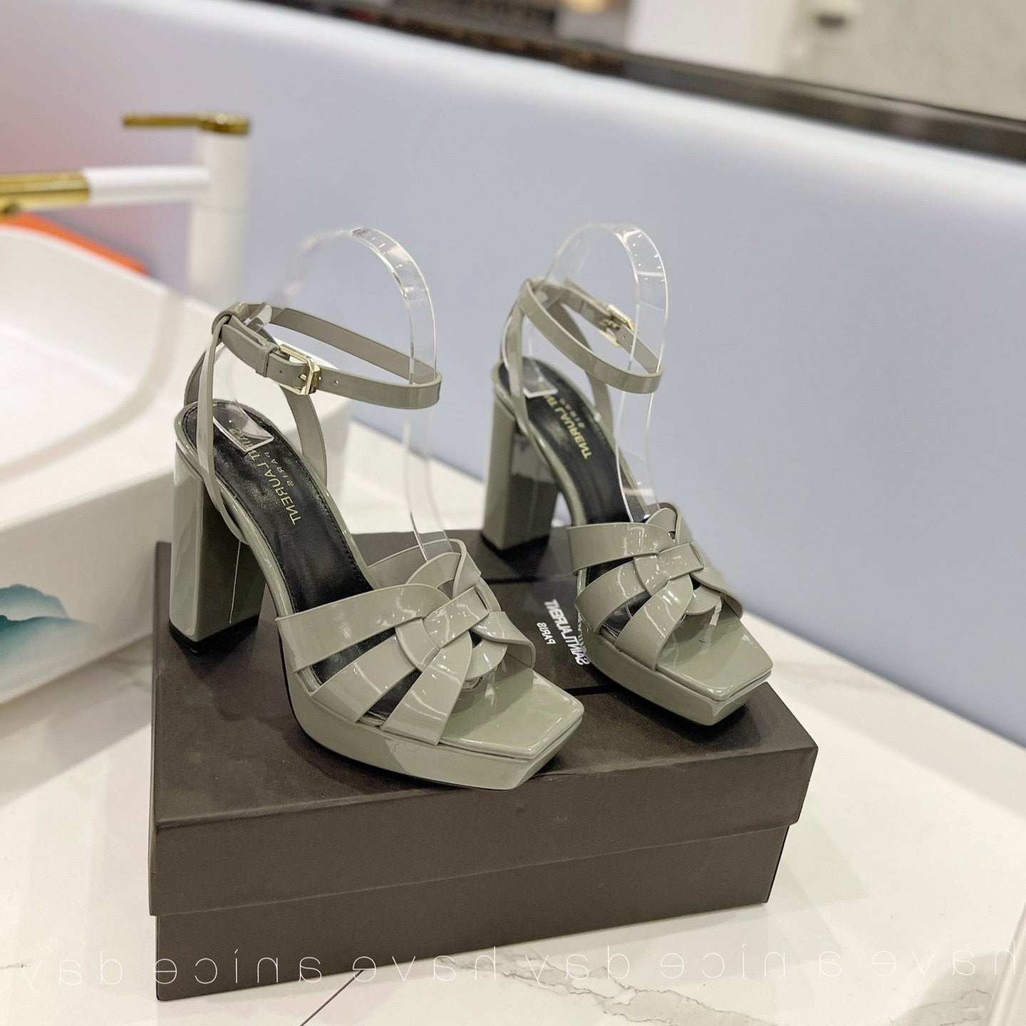 SL TRIBUTE FLATFORM SANDALS GLOSSY SAGE CALFSKIN - 34