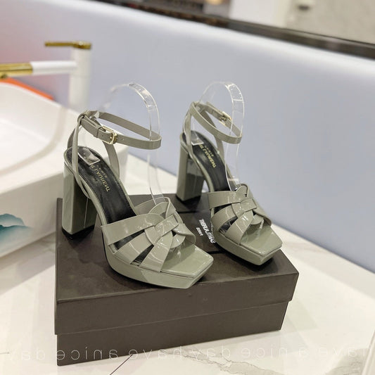 SL TRIBUTE FLATFORM SANDALS GLOSSY SAGE CALFSKIN - 34