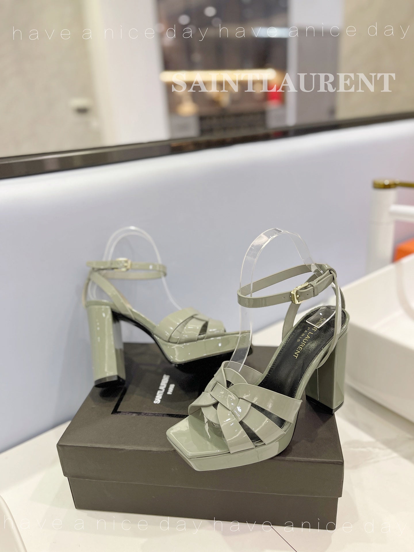 SL TRIBUTE FLATFORM SANDALS GLOSSY SAGE CALFSKIN - 34