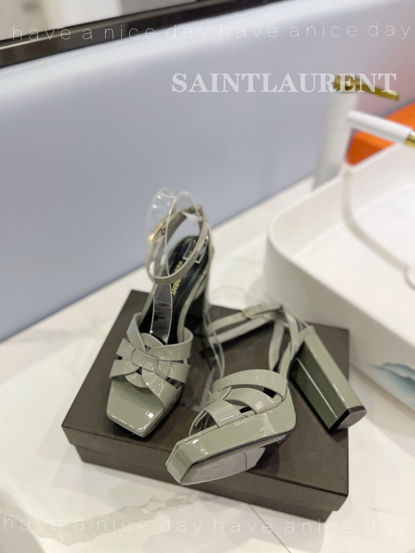 SL TRIBUTE FLATFORM SANDALS GLOSSY SAGE CALFSKIN - 34