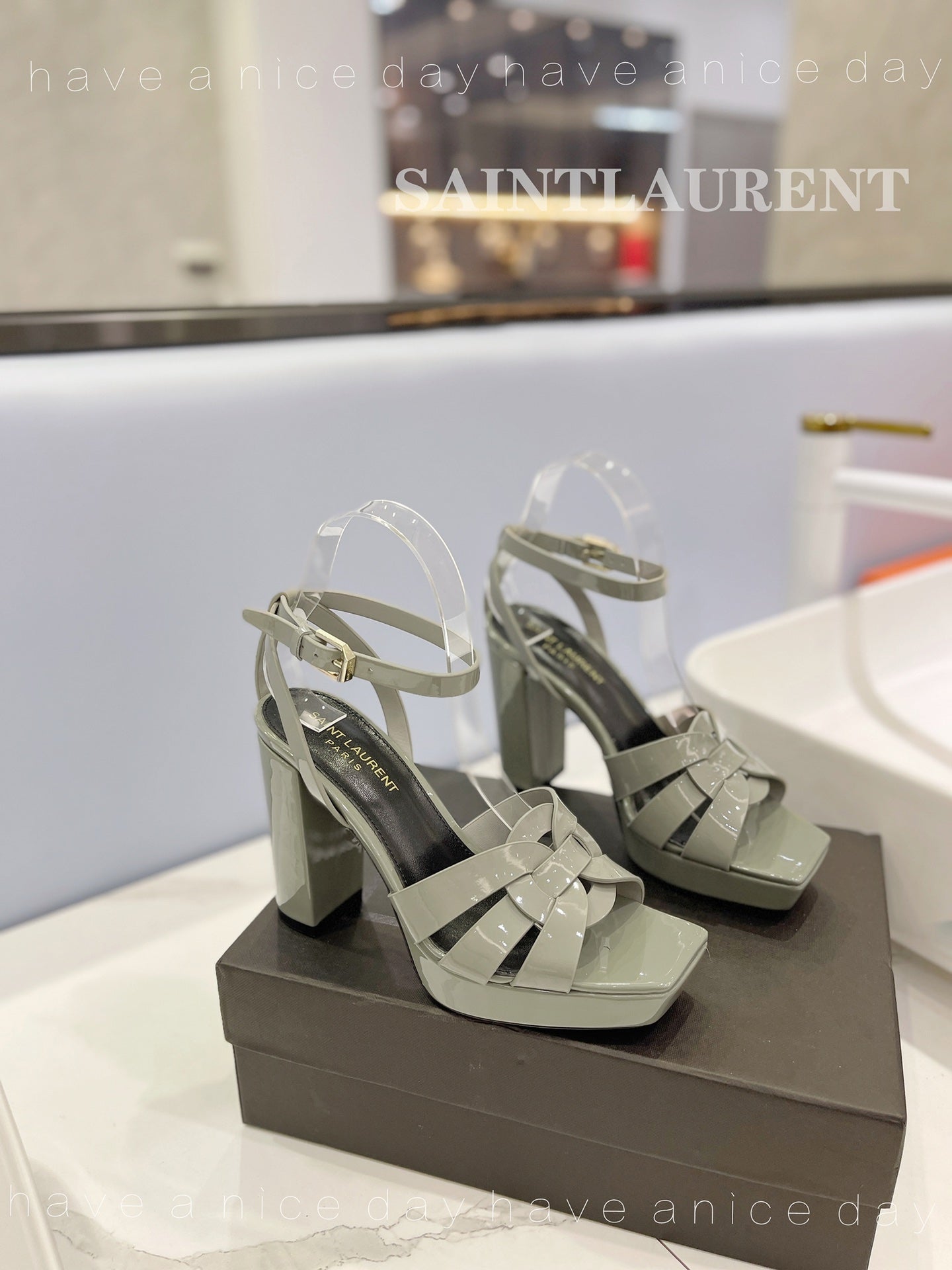 SL TRIBUTE FLATFORM SANDALS GLOSSY SAGE CALFSKIN - 34