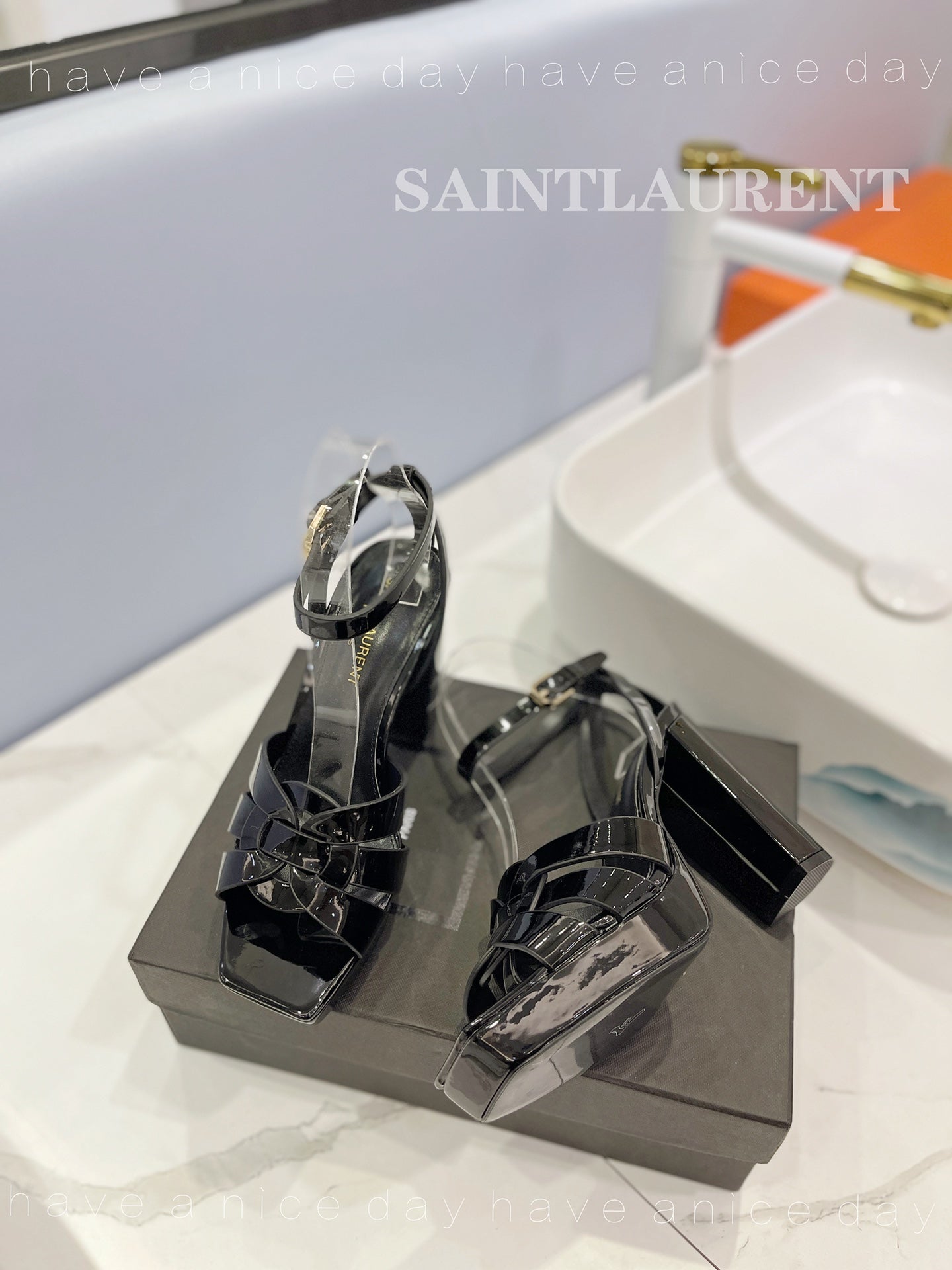 SL TRIBUTE FLATFORM SANDALS GLOSSY BLACK CALFSKIN - 34