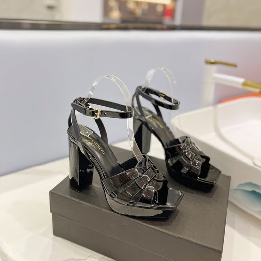 SL TRIBUTE FLATFORM SANDALS GLOSSY BLACK CALFSKIN - 34