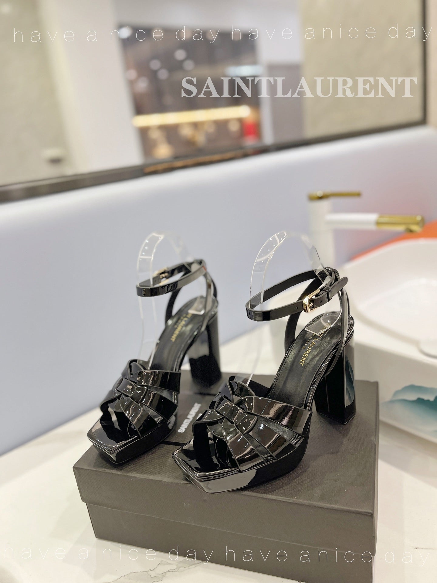 SL TRIBUTE FLATFORM SANDALS GLOSSY BLACK CALFSKIN - 34