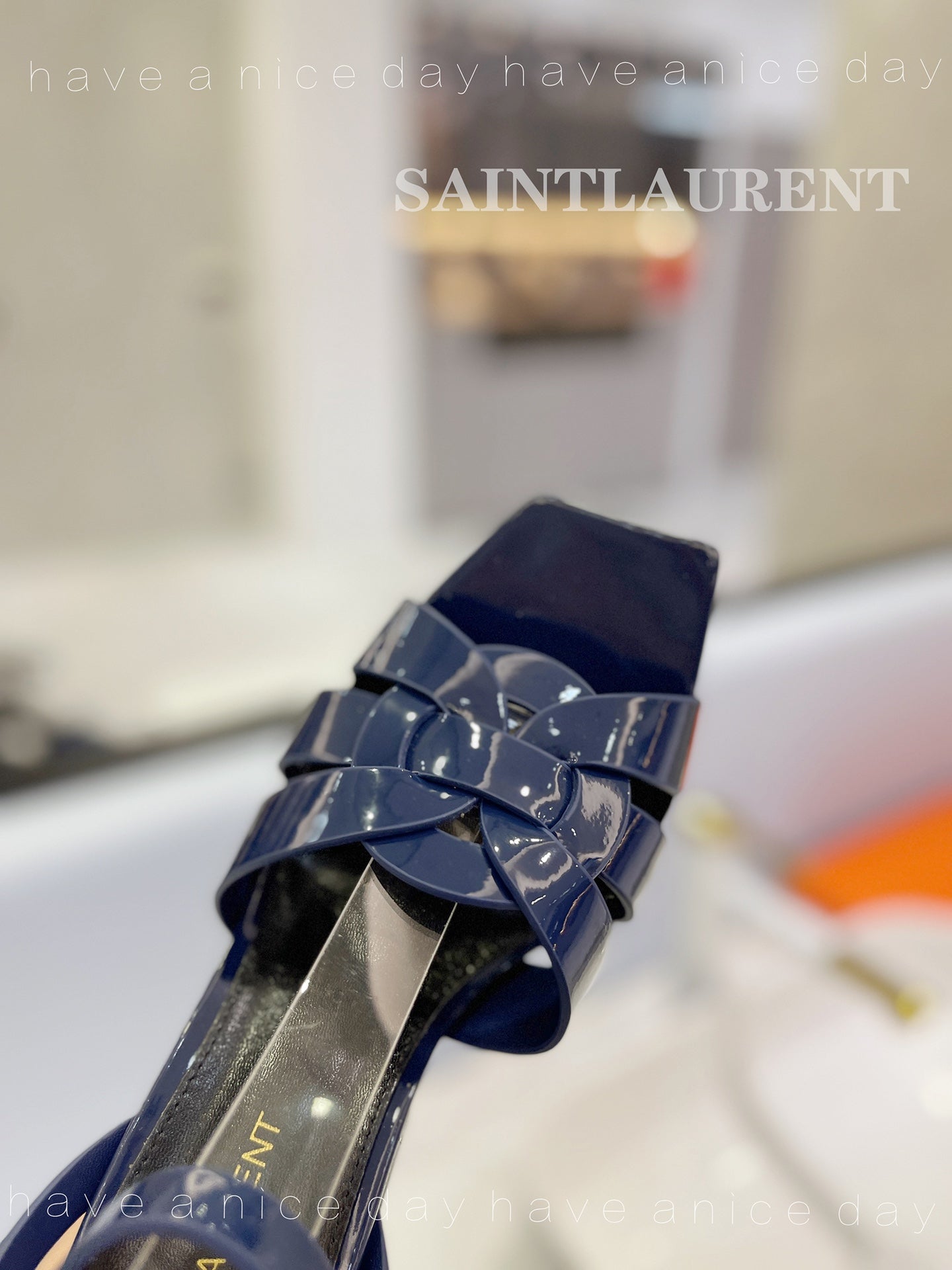 SL TRIBUTE FLATFORM SANDALS GLOSSY NAVY CALFSKIN - 34