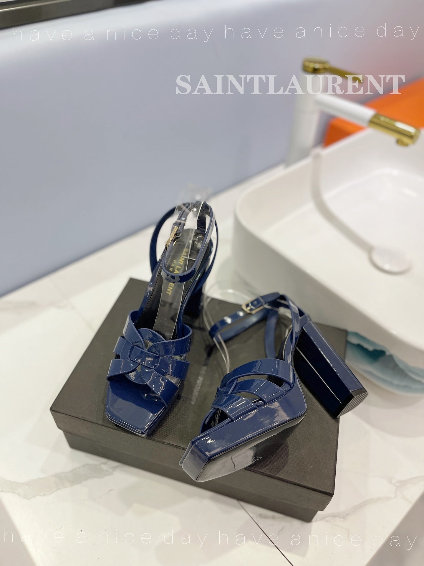 SL TRIBUTE FLATFORM SANDALS GLOSSY NAVY CALFSKIN - 34