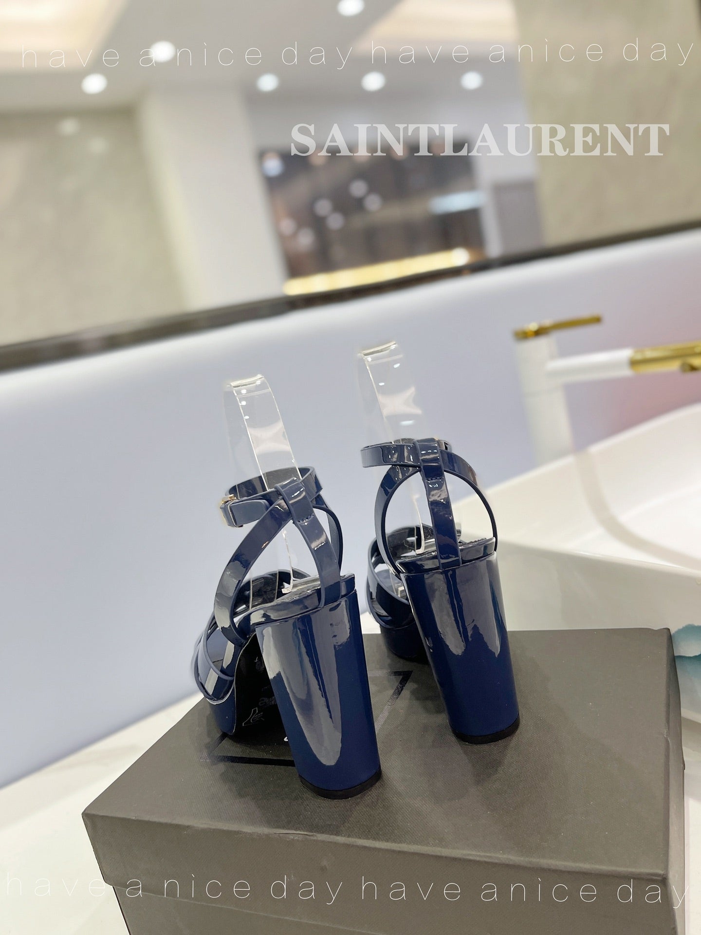 SL TRIBUTE FLATFORM SANDALS GLOSSY NAVY CALFSKIN - 34