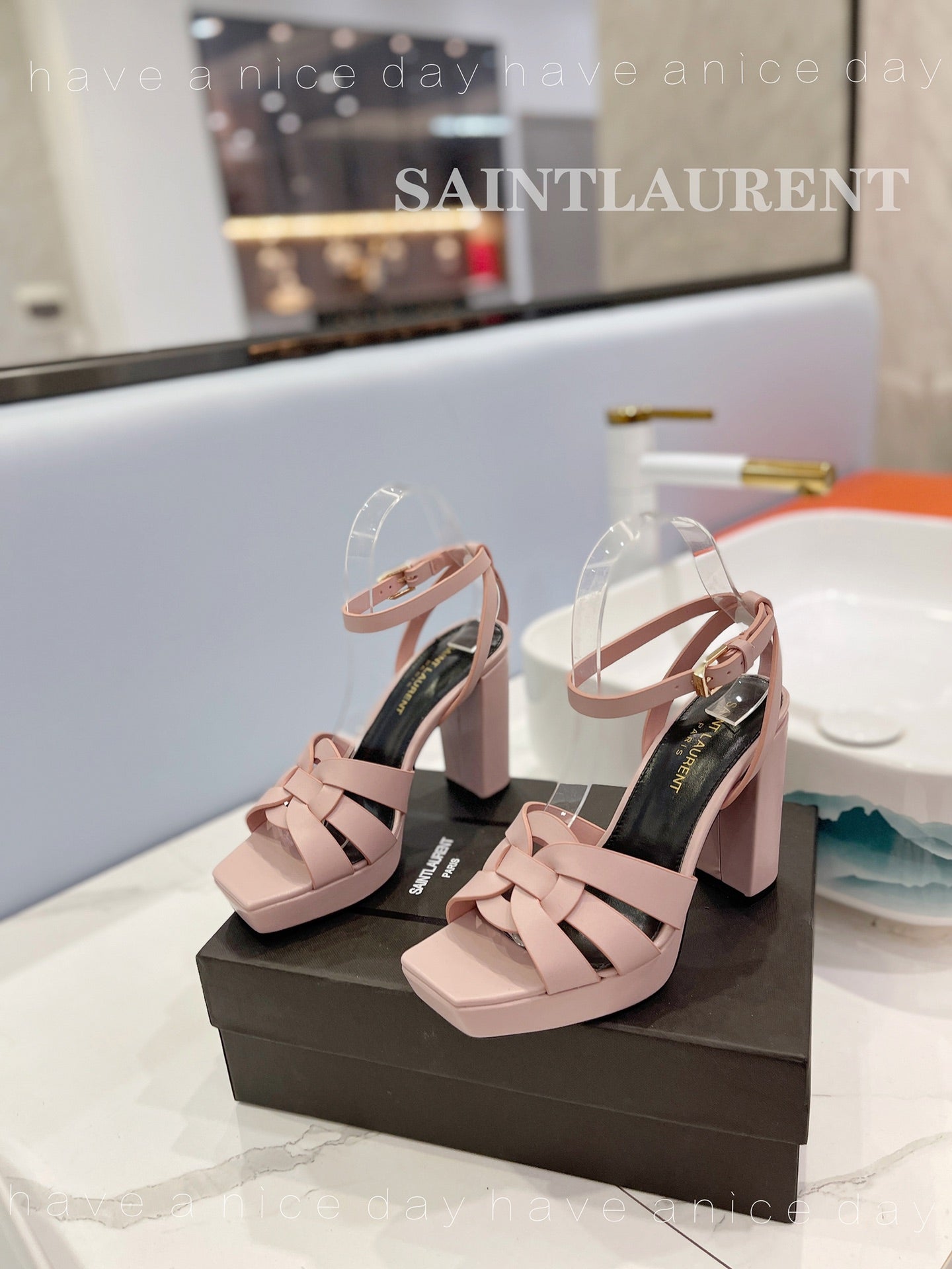 SL TRIBUTE FLATFORM SANDALS PASTEL PINK CALFSKIN - 34