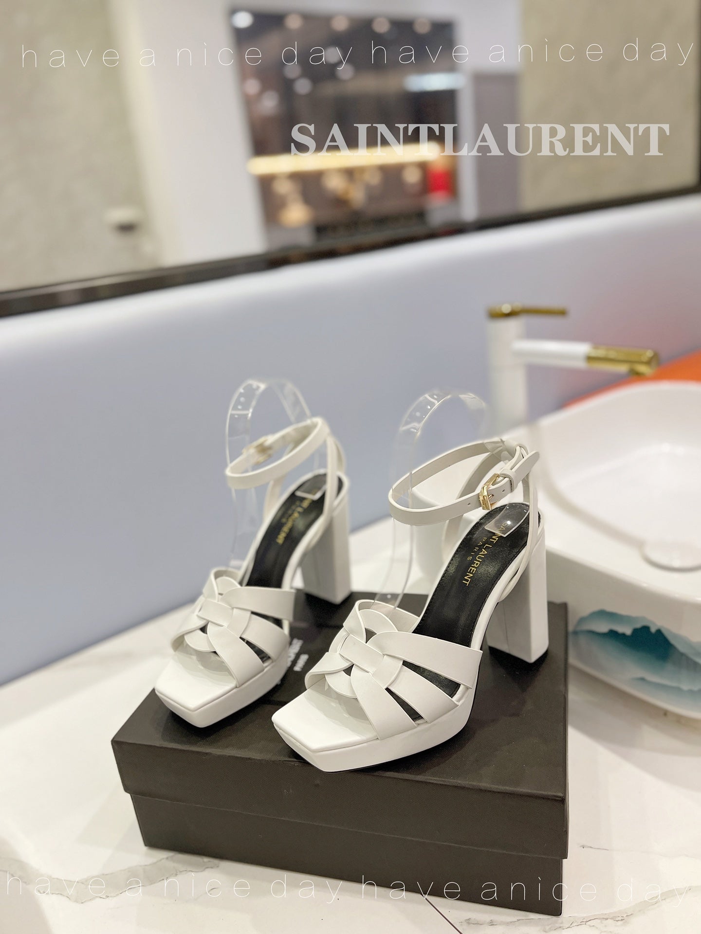 SL TRIBUTE FLATFORM SANDALS WHITE CALFSKIN - 34
