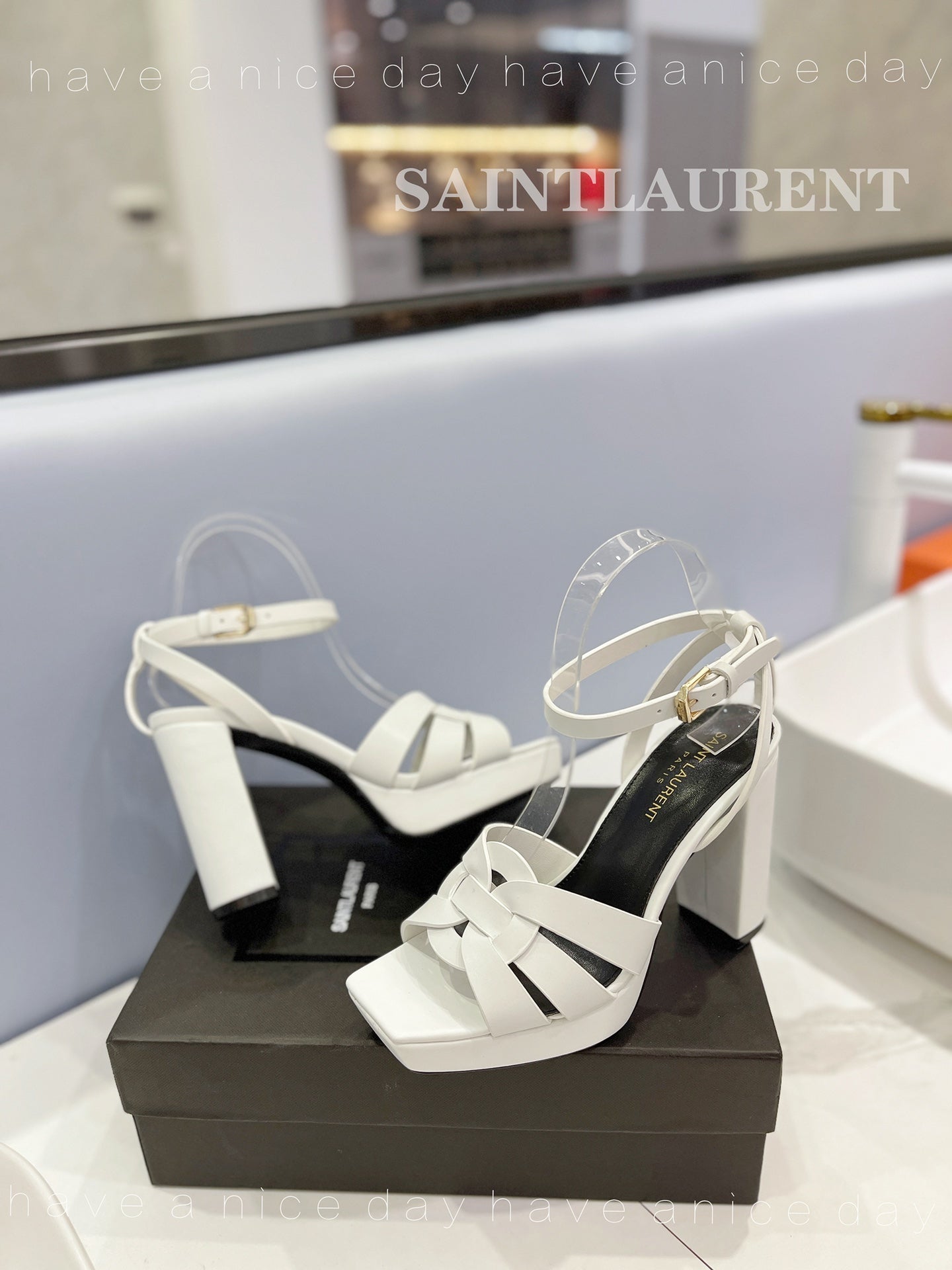 SL TRIBUTE FLATFORM SANDALS WHITE CALFSKIN - 34