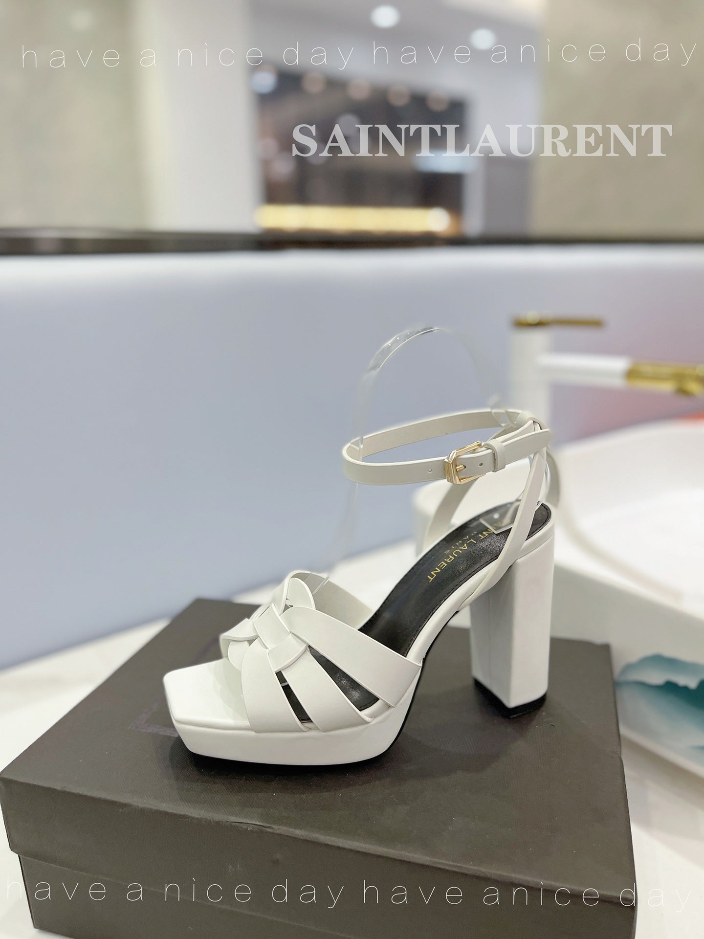 SL TRIBUTE FLATFORM SANDALS WHITE CALFSKIN - 34