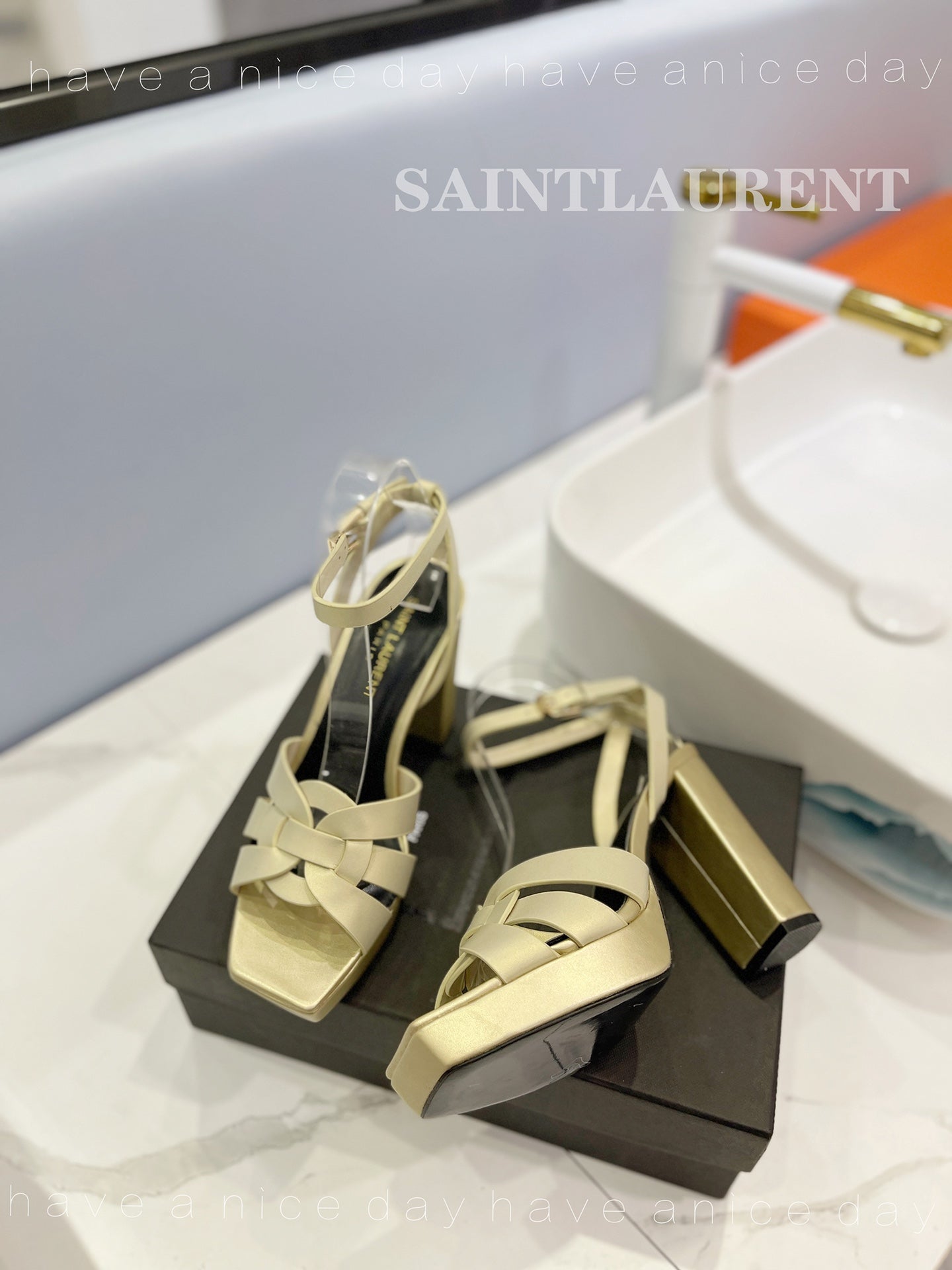 SL TRIBUTE FLATFORM SANDALS FLAX CALFSKIN - 34