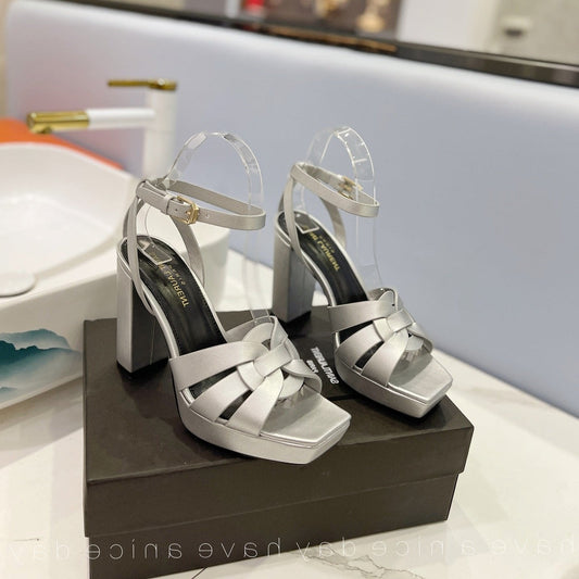 SL TRIBUTE FLATFORM SANDALS SILVER CALFSKIN - 34