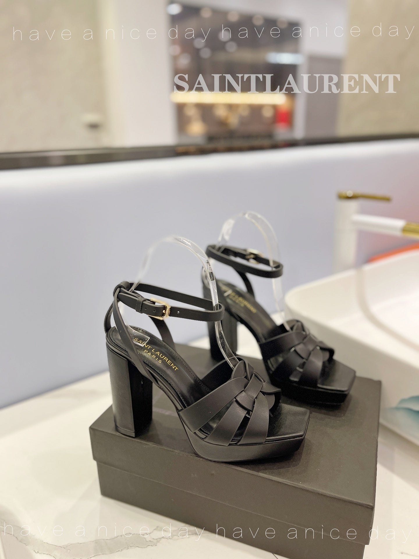 SL TRIBUTE FLATFORM SANDALS BLACK CALFSKIN - 34