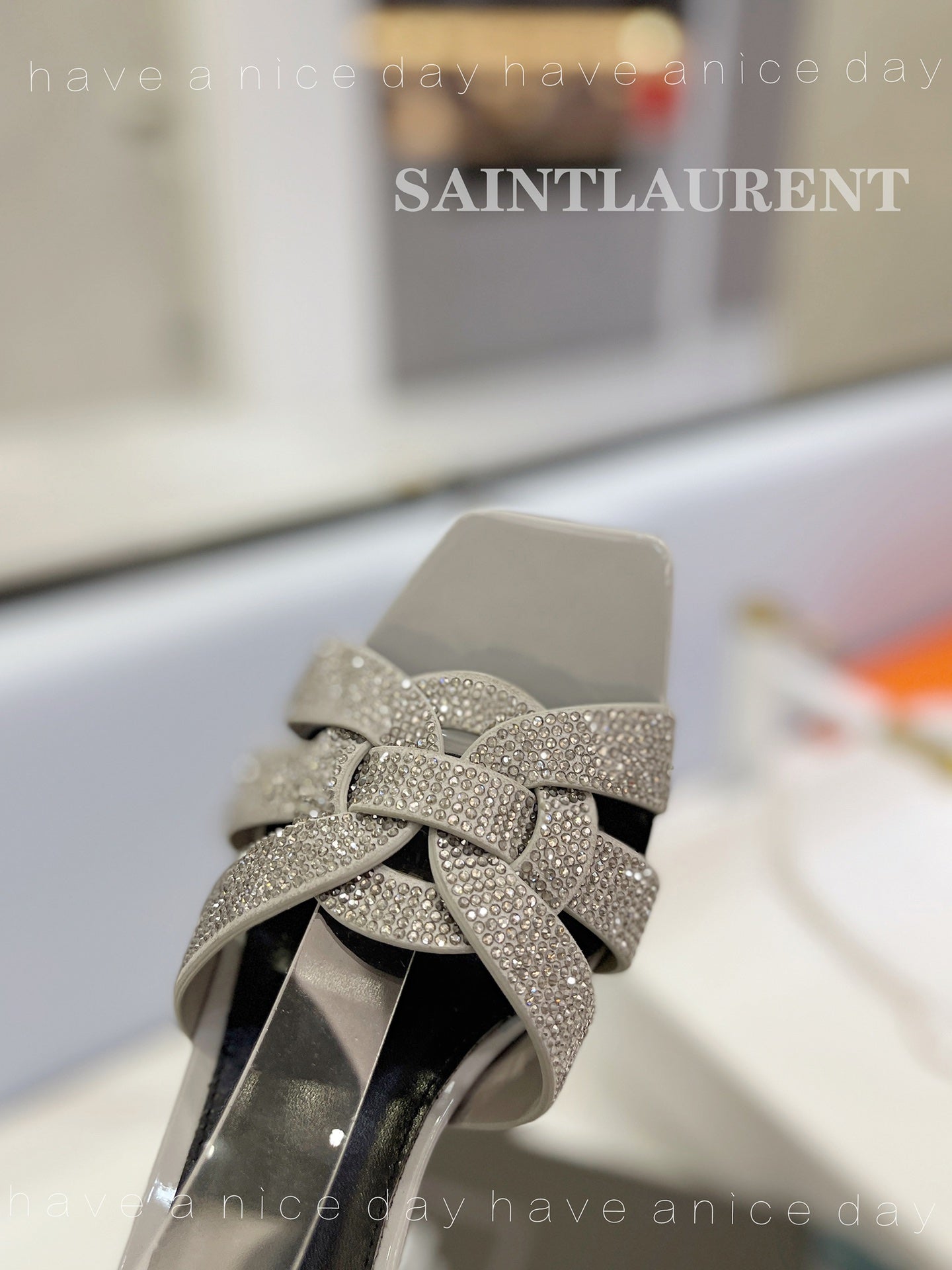 SL TRIBUTE CRYSTAL SANDALS LIGHT GRAY CALFSKIN - 34