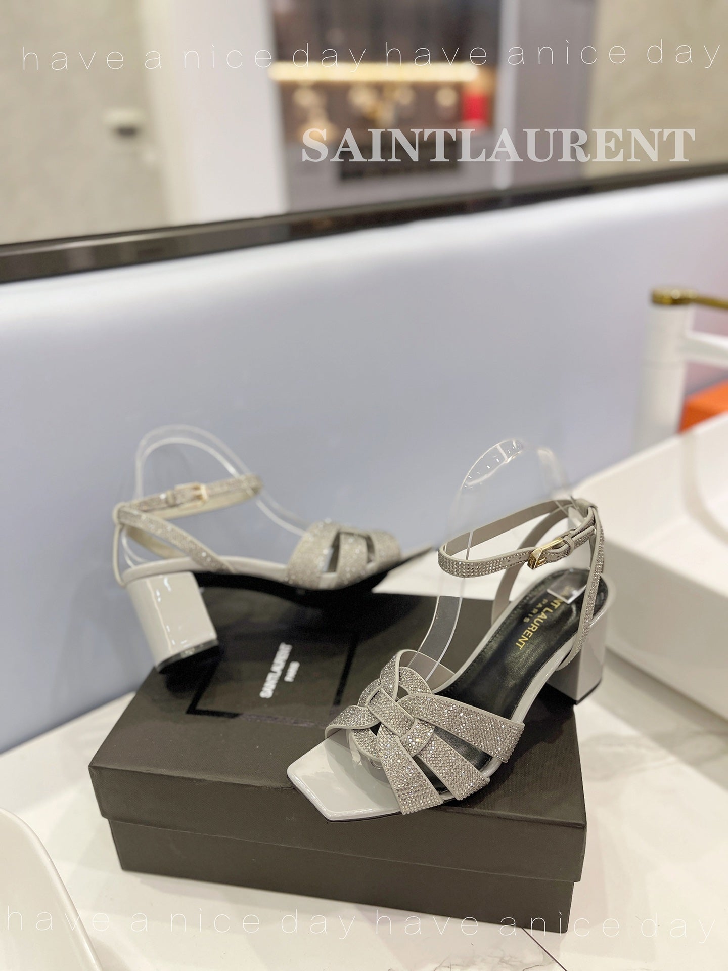 SL TRIBUTE CRYSTAL SANDALS LIGHT GRAY CALFSKIN - 34