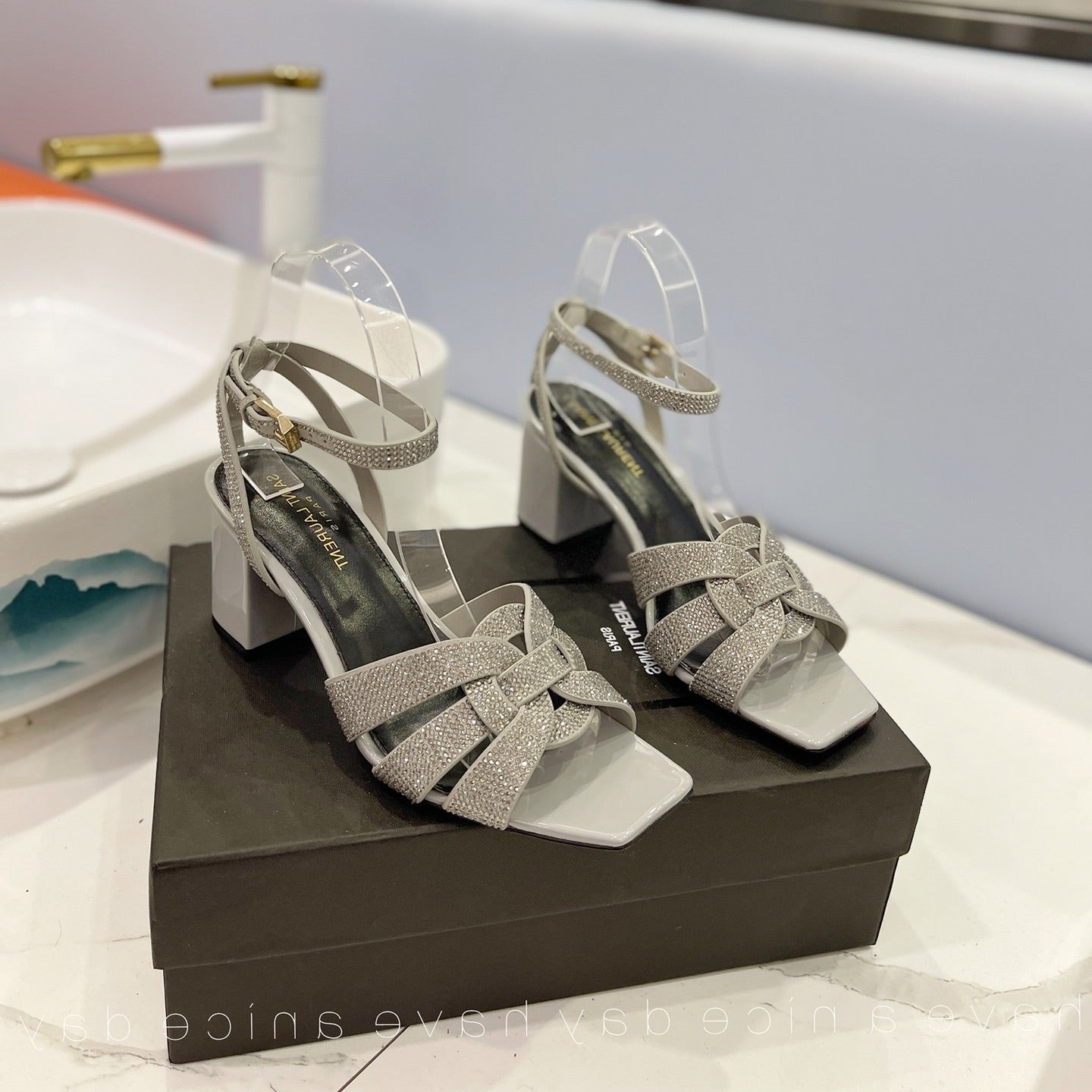 SL TRIBUTE CRYSTAL SANDALS LIGHT GRAY CALFSKIN - 34