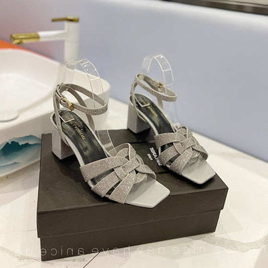 SL TRIBUTE CRYSTAL SANDALS LIGHT GRAY CALFSKIN - 34