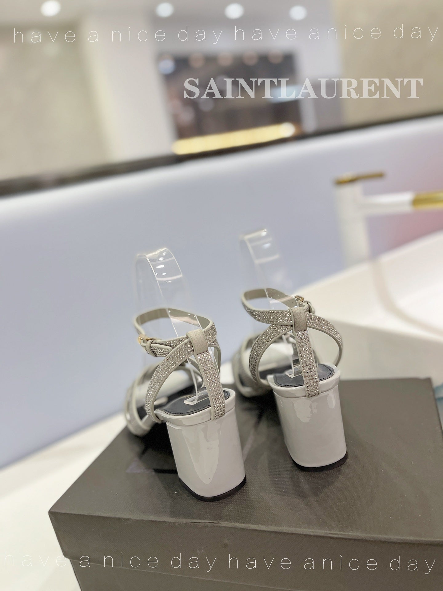 SL TRIBUTE CRYSTAL SANDALS LIGHT GRAY CALFSKIN - 34