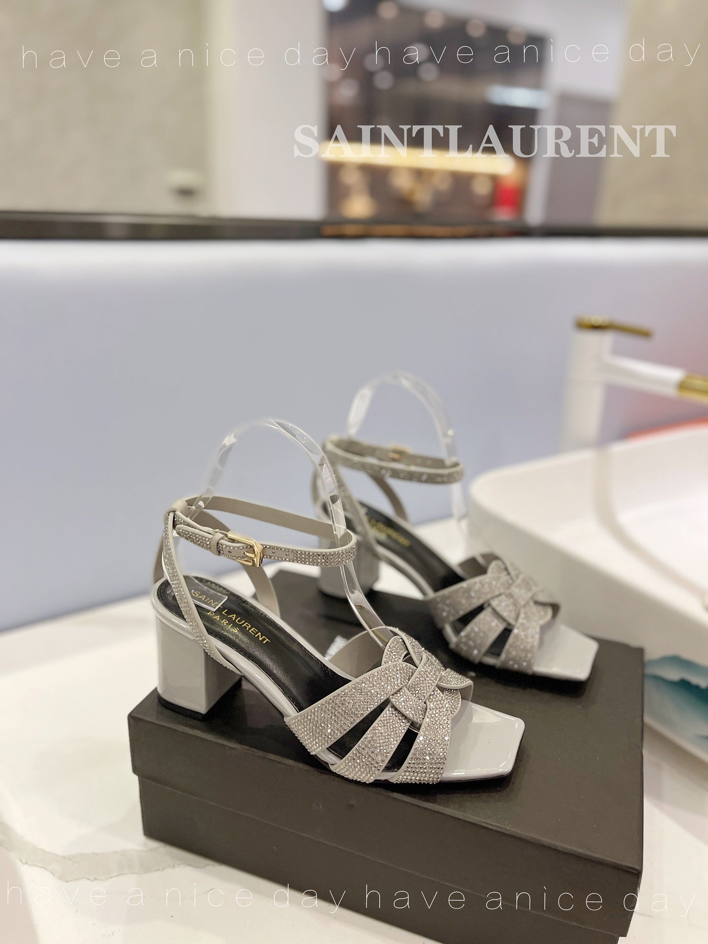 SL TRIBUTE CRYSTAL SANDALS LIGHT GRAY CALFSKIN - 34
