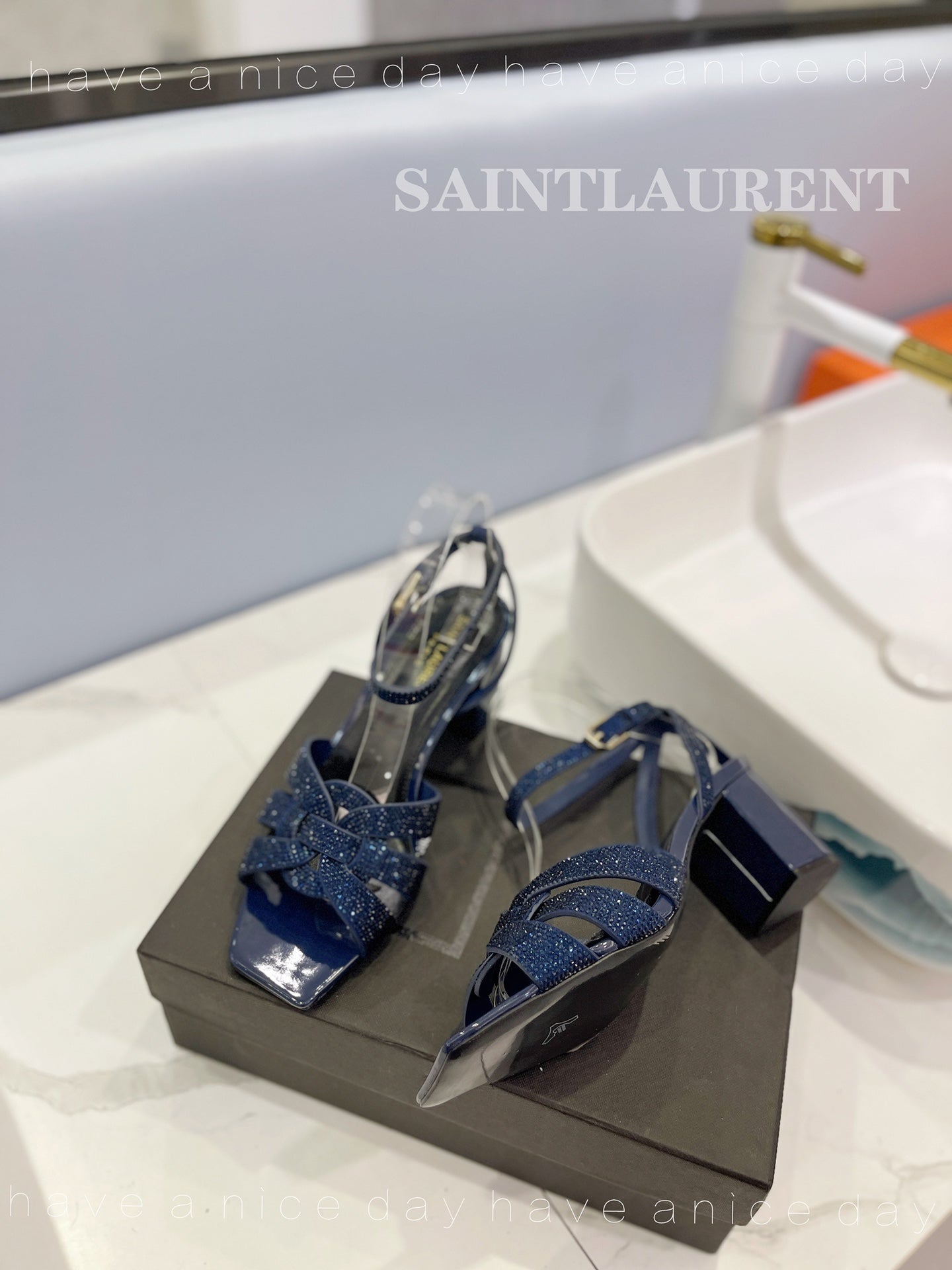 SL TRIBUTE CRYSTAL SANDALS GLOSSY NAVY CALFSKIN - 34