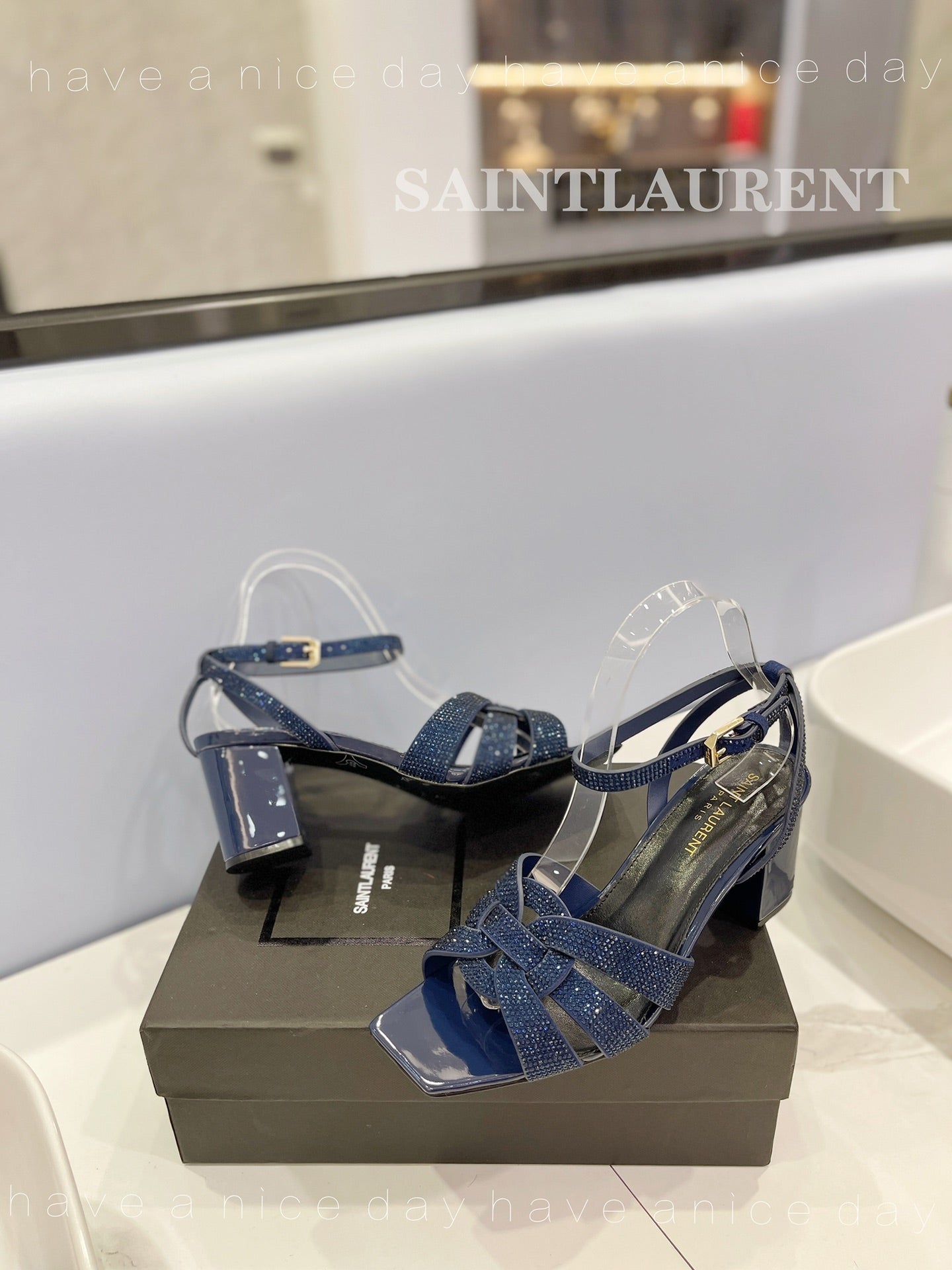 SL TRIBUTE CRYSTAL SANDALS GLOSSY NAVY CALFSKIN - 34