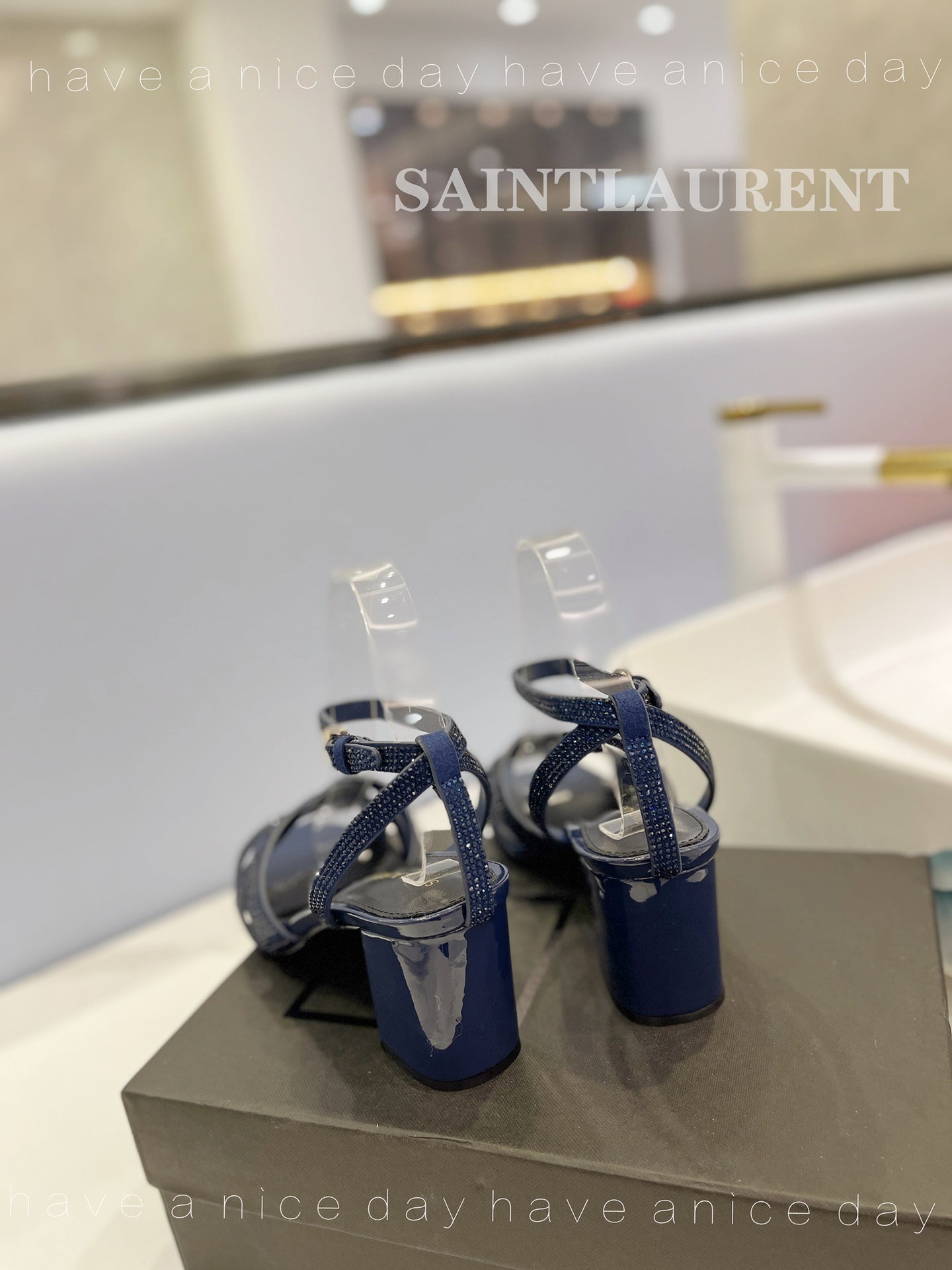 SL TRIBUTE CRYSTAL SANDALS GLOSSY NAVY CALFSKIN - 34
