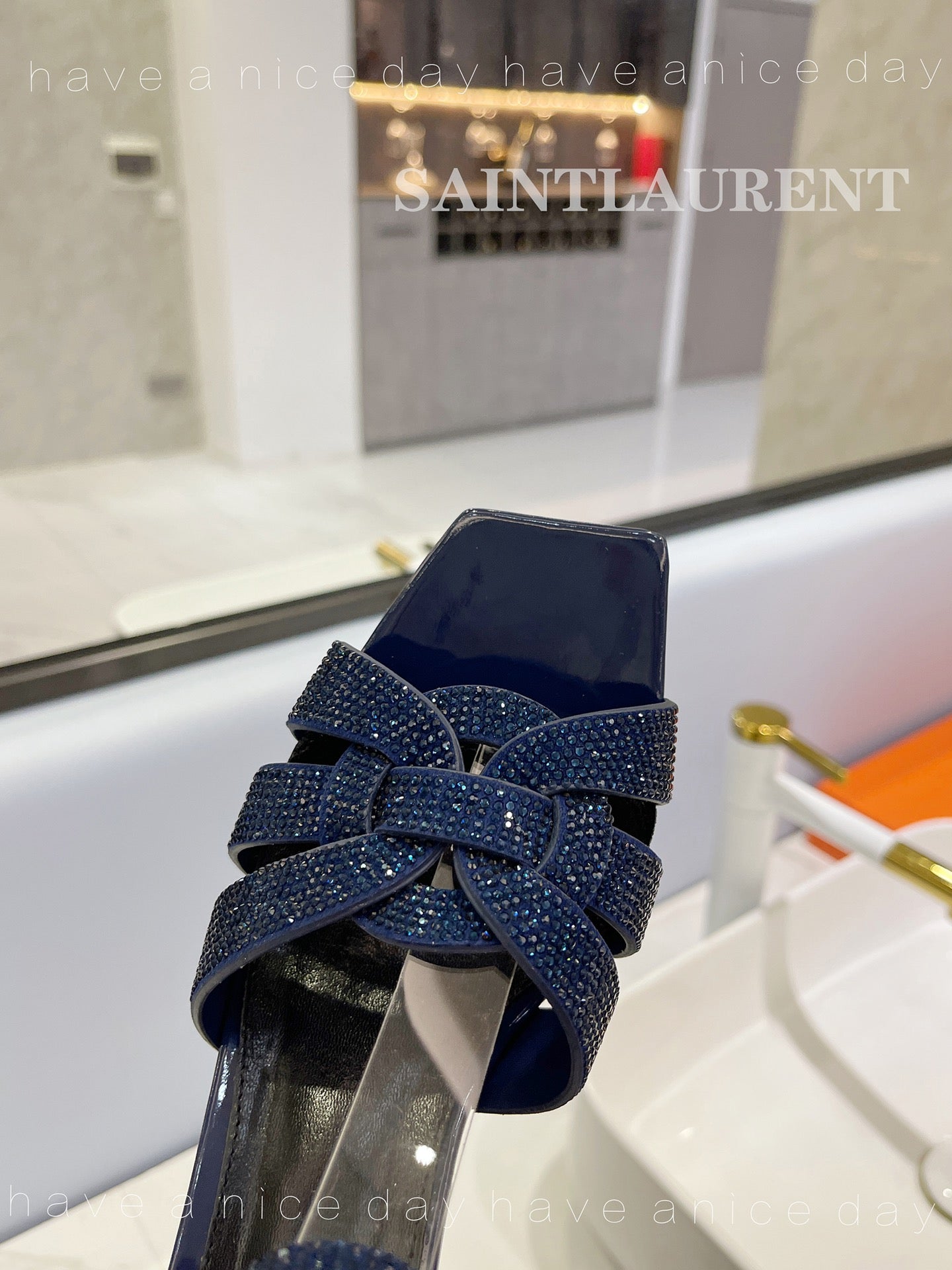 SL TRIBUTE CRYSTAL SANDALS GLOSSY NAVY CALFSKIN - 34